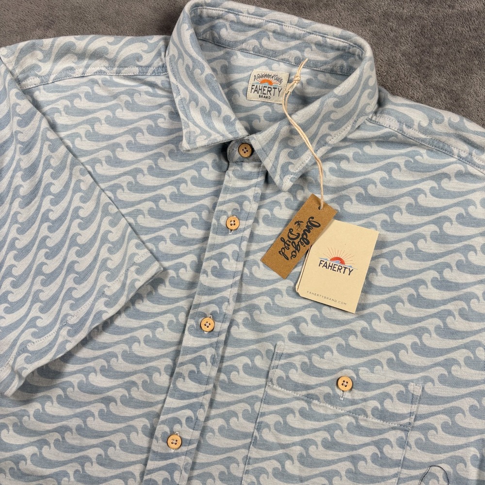 Faherty Shirt Mens Large Blue Waves Knit Seasons Sleeve Button Up Endless Peaks
